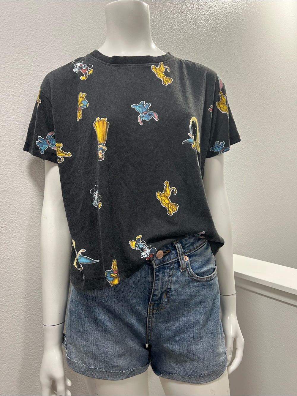 Disney 100 Women’s Large Character All Over Print Black Graphic T-Shirt